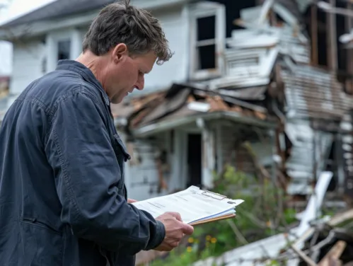 Man with clipboard assessing storm damage to house.
