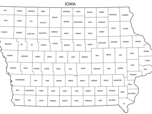 Iowa map with county lines