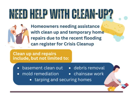 flyer with people cleaning up and information about Crisis Cleanup 