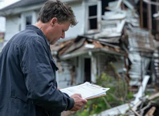 Man with clipboard assessing storm damage to house.
