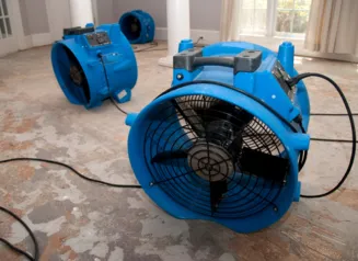 Fans drying out flooded houses.