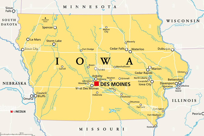 Map of Iowa in the midwest