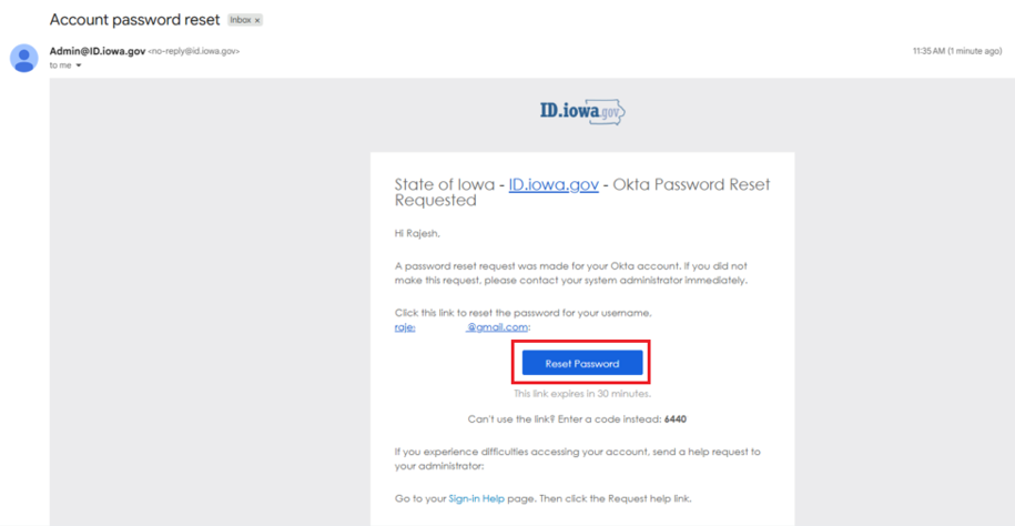 Reset password email